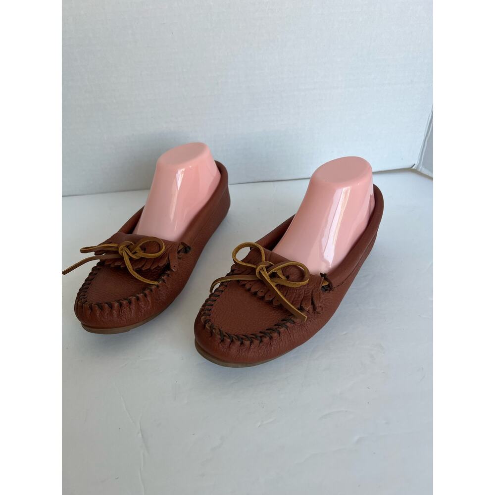 Minnetonka Moccasin Bow Loafer‎ Chestnut Brown Leather Slip On Driving Shoes 8.5